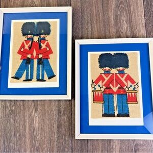 Set of 2 Vintage 1969 Framed Painting on Burlap British Guardsmen Folk Art 8x6.5